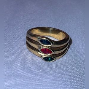Ring Multi Colored Rainbow Style Austrian Crystals 18k Yellow Gold